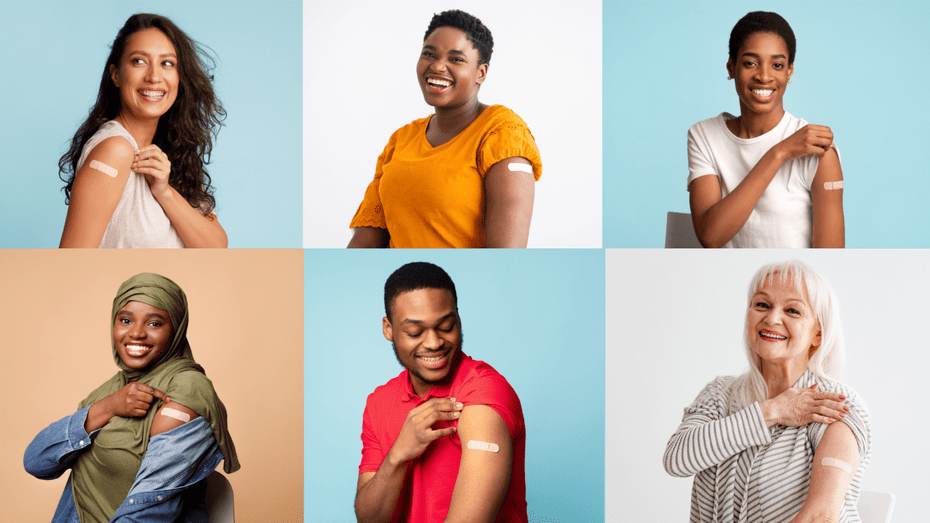 Six portraits of diverse vaccinated patients joyfully showing off Band-Aids on their arms. 