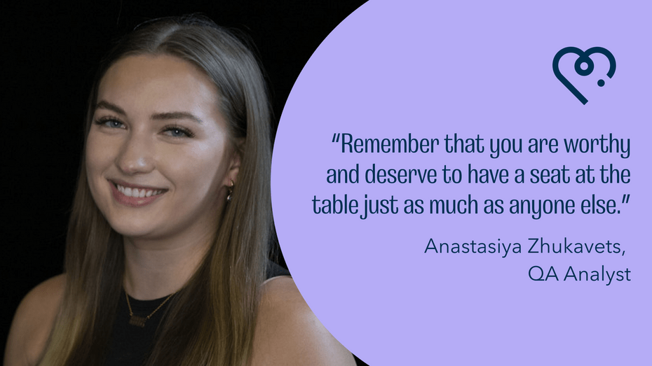 The right of the image is a photo of Anastasiya, smiling at the camera. The left is a lavender shape with the following quote in navy: 