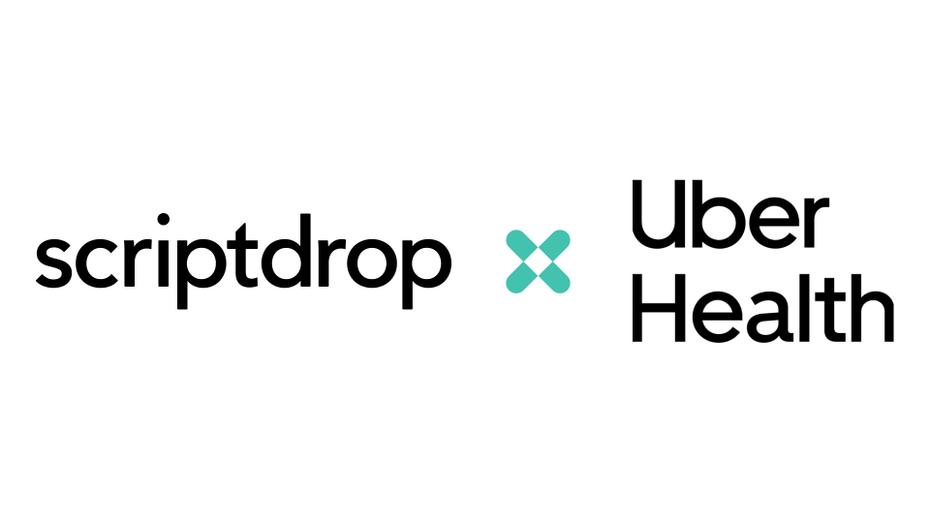 The ScriptDrop and Uber Health logos, in black, appear on a white background with a sea foam green X between them, reading 