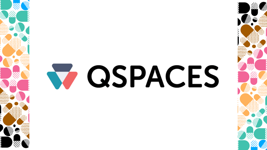 The QSPACES logo on a white background, with vertical rainbow-pill-capsule banners on either side. 