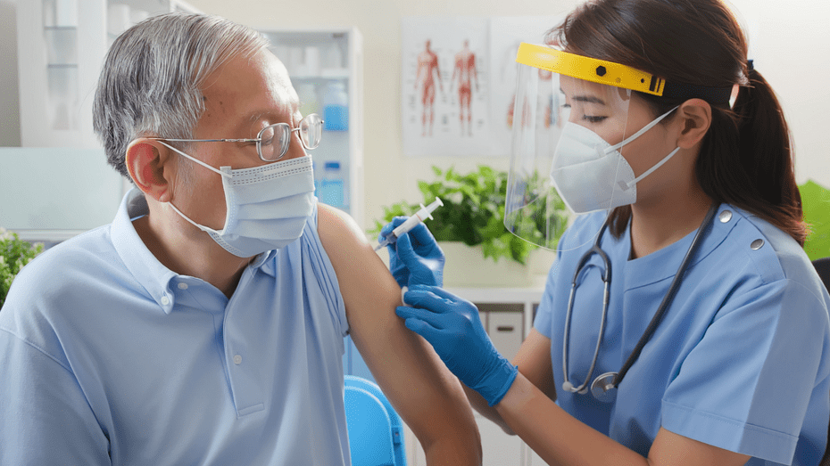 A nurse wearing a N95 mask and face shield gives a COVID-19 booster to an older man wearing a surgical mask. 