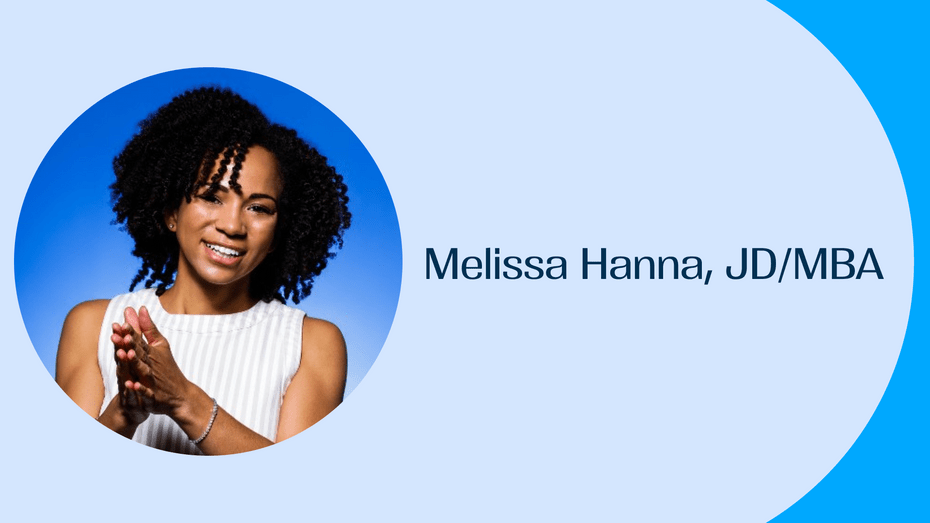 A blue background with a photo of Melissa Hanna. She is smiling at the camera, her hands pressed together, as if in mid-applause.