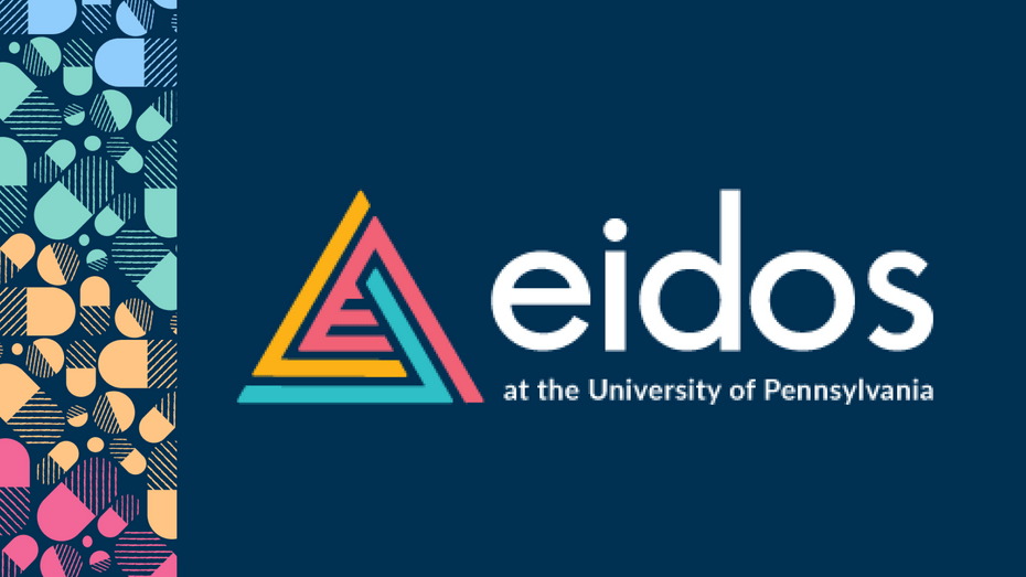 The Eidos logo is centered on a navy background. On the left is the ScriptDrop rainbow-pills banner. 