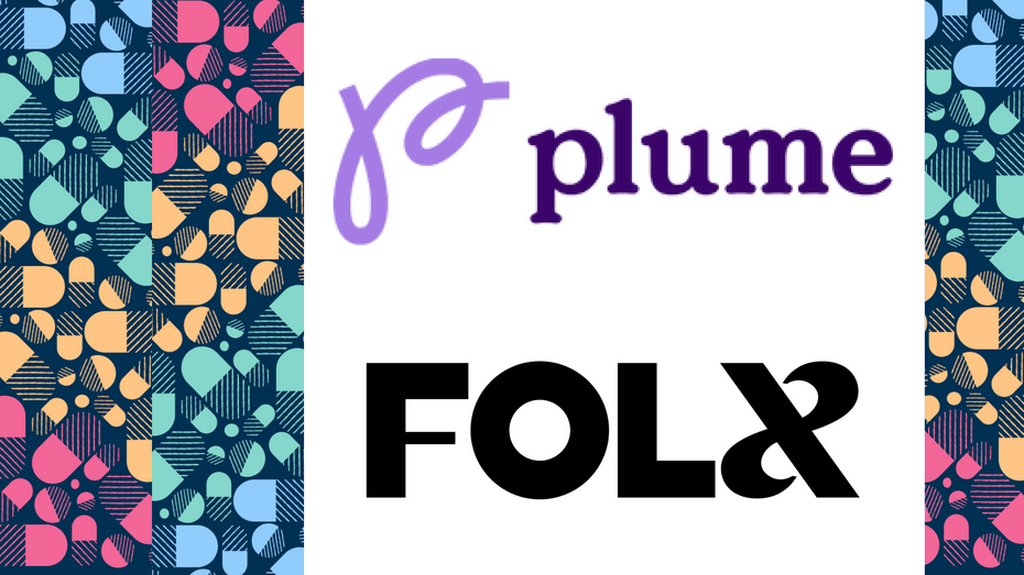 The logos for Plume and FOLX Health on a white background, which is floating on a background of rainbow-colored capsules. 