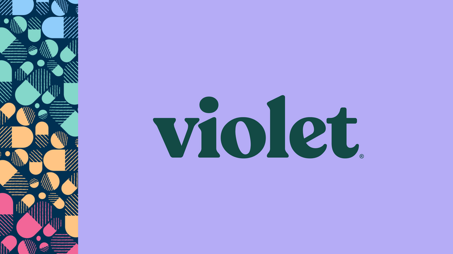 The Violet logo, in hunter green, is centered on a lavender background. On the left is the ScriptDrop rainbow-pills banner. 